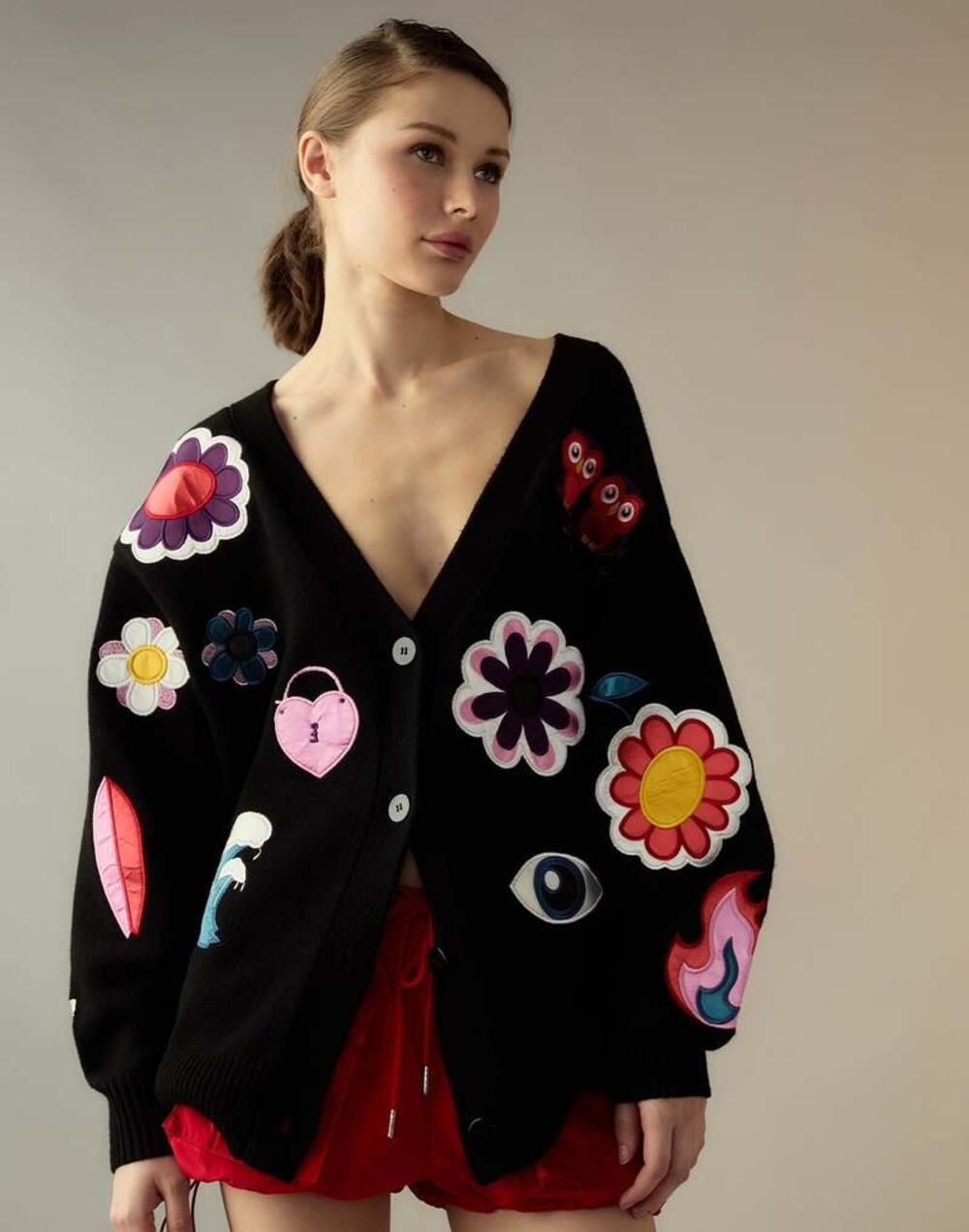 Cynthia Rowley Patchwork Appliqué Cardigan Black Novelty Knit Sweater Size XS